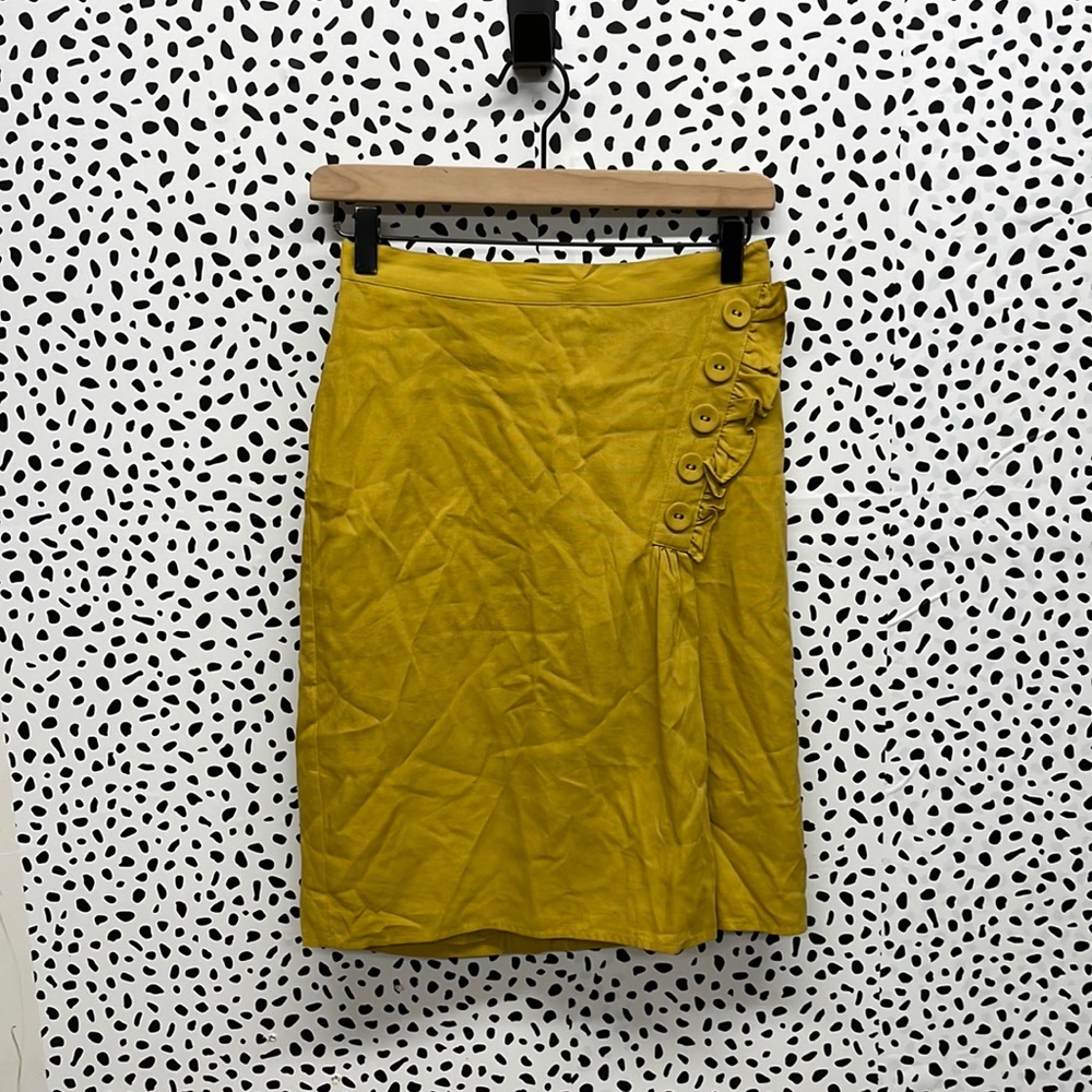 Anthro Burlapp Yellow Ruffle Side Ruched Skirt - Picture 2 of 10